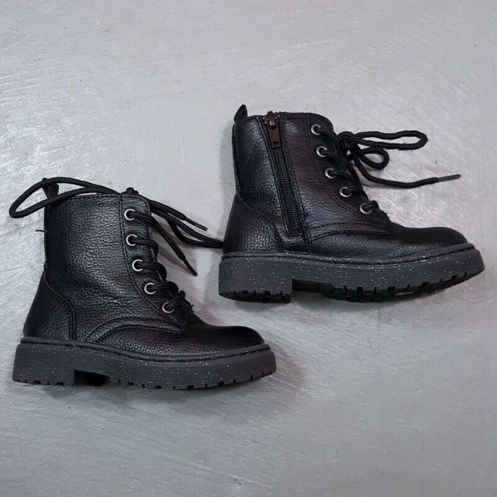 SINCERELY JULES Combat Boots Girls Size 8 Black Faux leather Side Zip Glitter